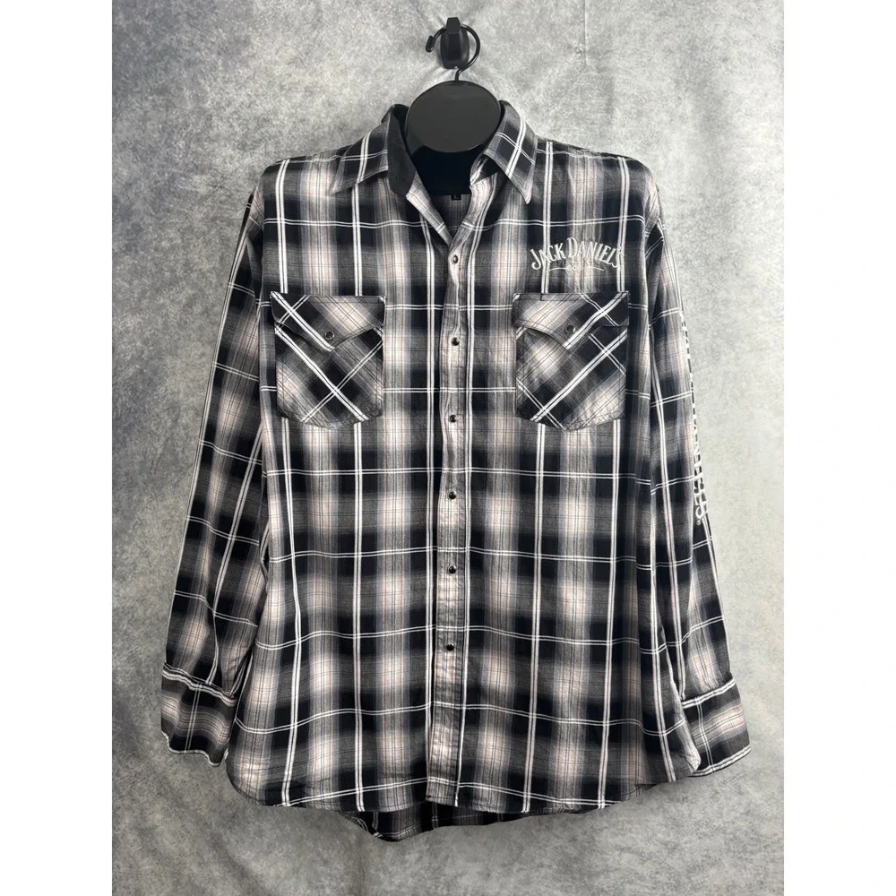 Jack Daniels Long Sleeve Button Up Western Plaid Shirt Snap Buttons Sz Large